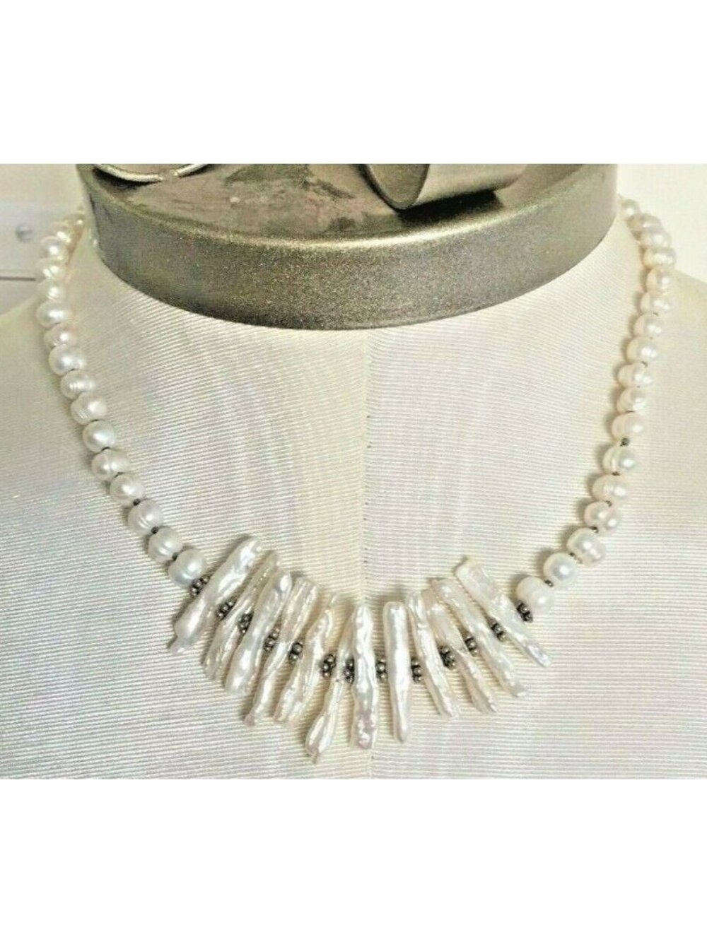 White Pearl Necklace with Stick Pearls Sterling Spacers Clasp